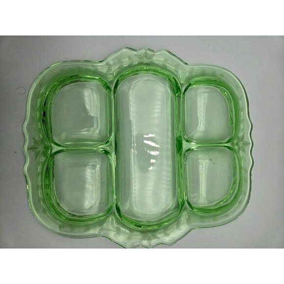 Cambridge Etched Green Uranium Glass 5-part Relish Serving Dish W/Ornate Stand - Picture 15 of 16